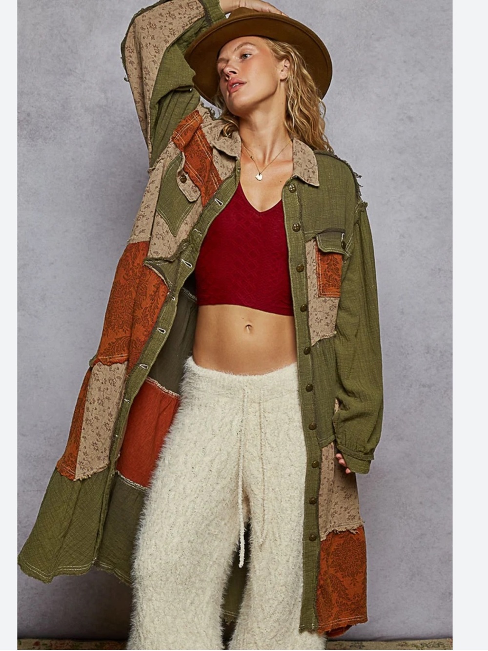 New: POL “The Overlook” Boho Mixed Patchwork Distressed Button Front Long Jacket